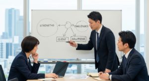 仙台でのLP制作において自社の強みを顧客の課題解決に繋げる戦略をホワイトボードで解説する様子