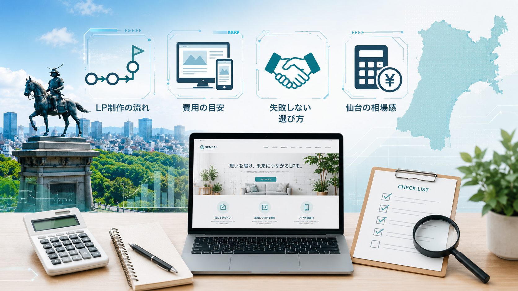 仙台でのLP制作依頼に関する費用や流れ、失敗しない選び方を解説するイメージ画像