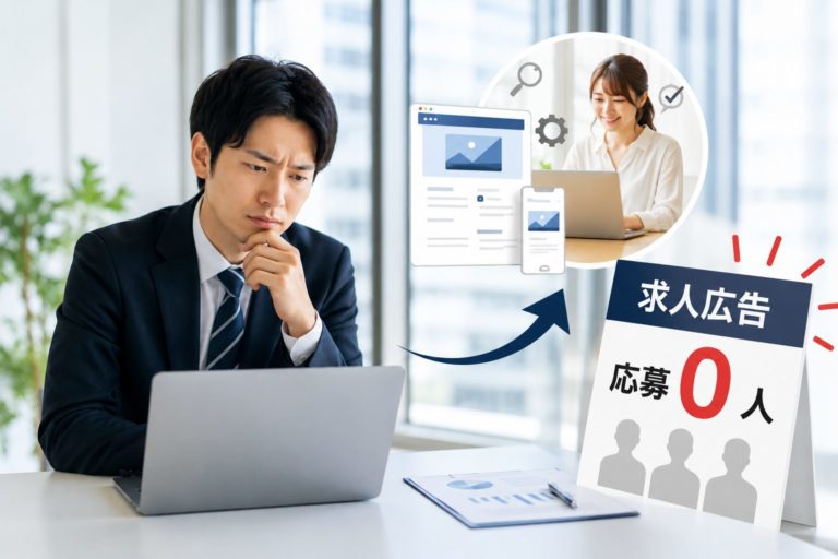 仙台の中小企業の経営者が、自社の温かい職場の日常を等身大で伝えるための、シンプルな求人LPの構成案を考えているイメージ